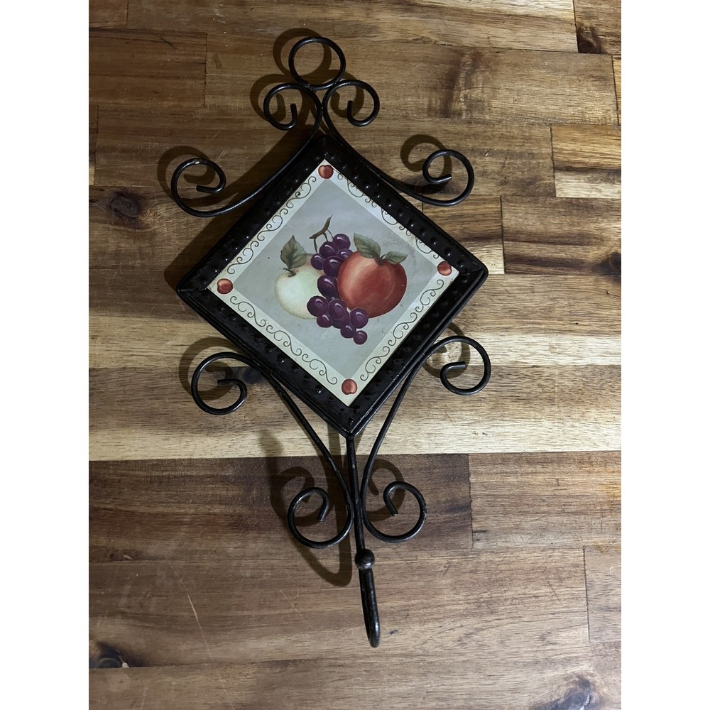 Ceramic Fruit Tile / Wire Metal Work Dual Key Hook Americana Grandma Core